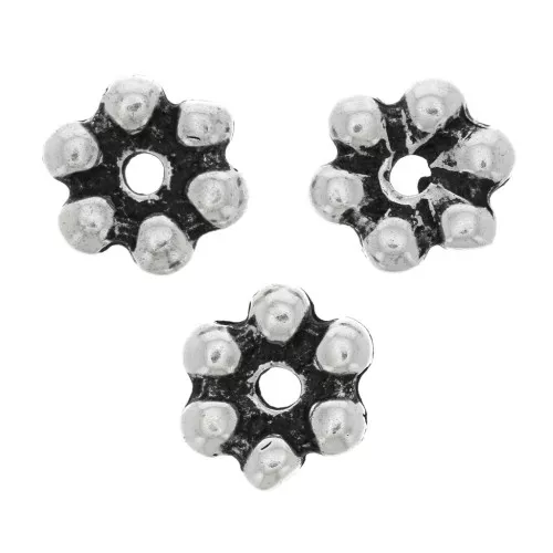 Perle rondelle fiore 6 petali - 10 mm - Argentato anticato x6
