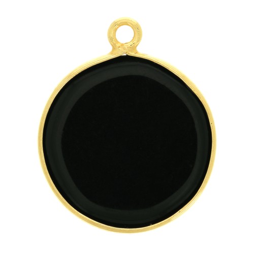 Pendente tondo pietra gemma 16 mm Arg.925 Dorato con oro fino Onice nero x1