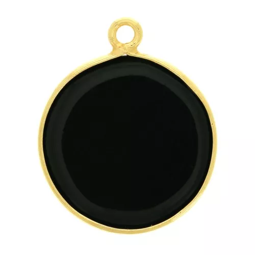 Pendente tondo pietra gemma 16 mm Arg.925 Dorato con oro fino Onice nero x1