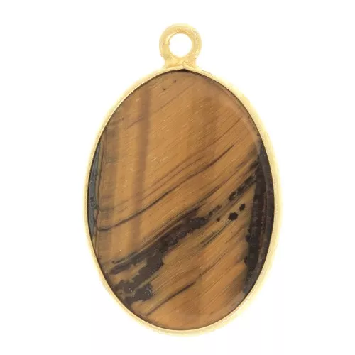 Pendente ovale in pietra gemma 22x14mm Arg.925 Dorato con oro fine Occhio di tigre