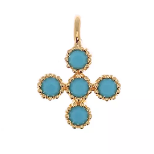 Mini ciondolo croce 9x7 mm con zirconi 1.3 mm - Dorato con oro fino - Turchese x1