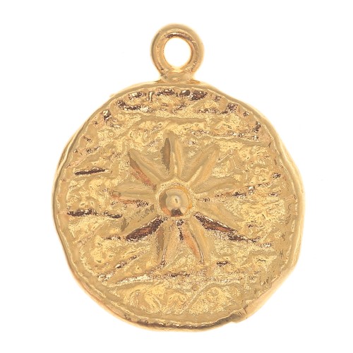 Ciondolo tondo irregolare 15 mm -fiore- Dorato con oro fine x1