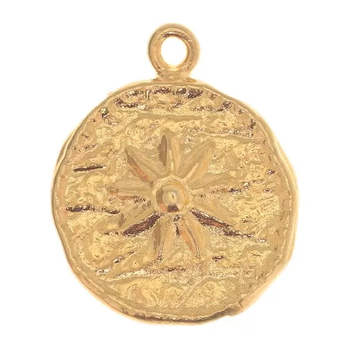 Ciondolo tondo irregolare 15 mm -fiore- Dorato con oro fine x1