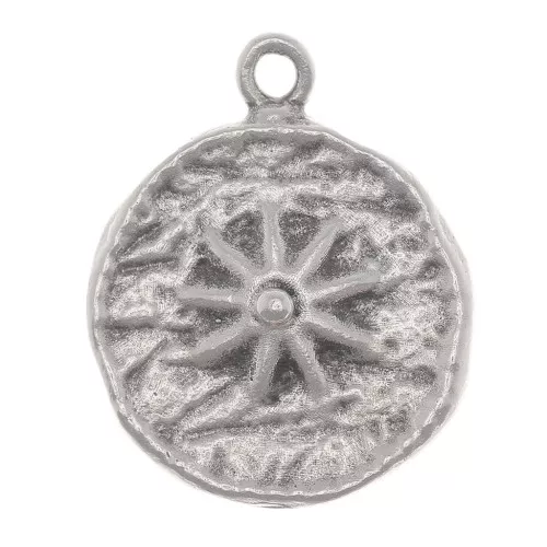 Ciondolo tondo irregolare 15 mm -fiore- Placcatura argento antico x1