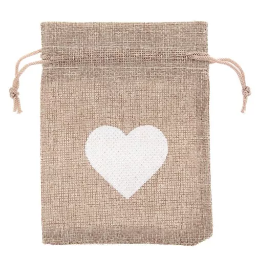Sacchettino tela sintetica modello cuore- 95x135 mm - Marrone - Bianco x1