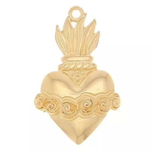 Pendente cuore Ex-voto con fiori 31x19 mm - Dorato con oro fine x1