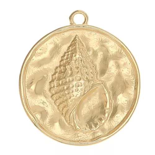 Pendente tondo martellato conchiglia 24x22 mm - Dorato con oro fine x1
