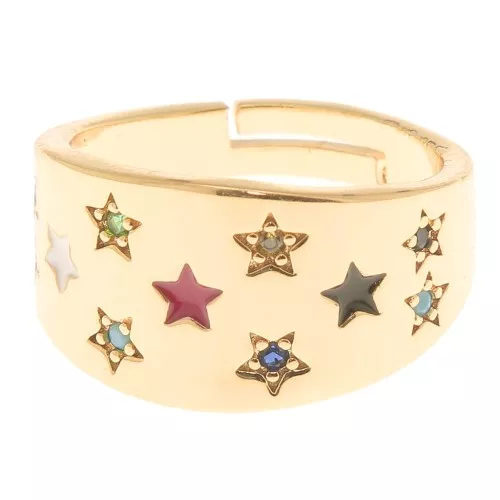 Anello regolabile largo -Stelle con Ossido di zirconi - Dorato - Multicolore x1