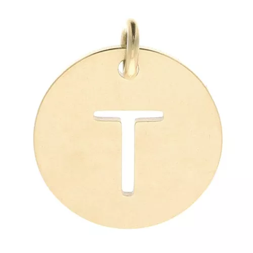 Ciondolo tondo 12 mm - lettera T - con anello - acciaio inossidabile 304 dorato x1