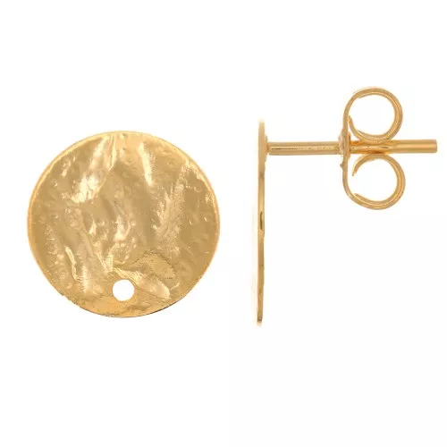 Orecchini a perno disco martellato con un foro - 12 mm - Dorato oro fine x2