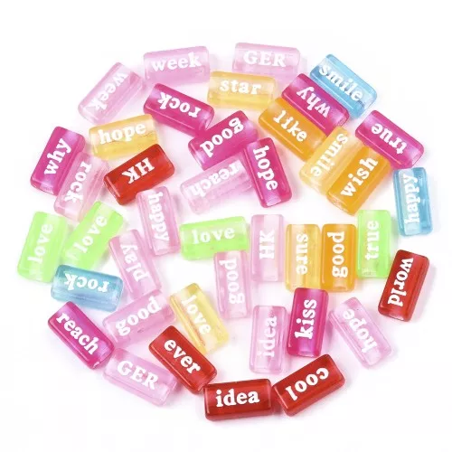 Assortimento di 60 perline rettangolari parole casuali 15x7,5 mm trasparente multicolore