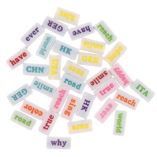 Assortimento di 60 perline rettangolari parole casuali 15x7,5 mm Bianco - Multicolore