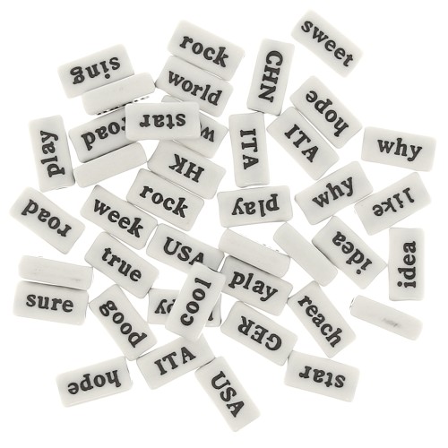 Assortimento di 60 perline rettangolari di parola - casuale - 15x7.5 mm bianco - nero
