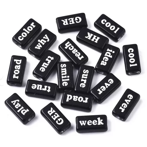 Assortimento di 60 perline rettangolari di parola - casuale - 15x7.5 mm Nero - Bianco