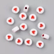 Assortimento di 20 perline a cuore rotondo - 7 mm - Bianco - Rosso
