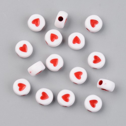 Assortimento di 20 perline a cuore rotondo - 7 mm - Bianco - Rosso