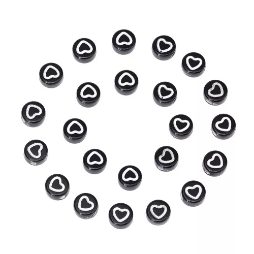 Assortimento di 20 perline a cuore rotondo - 7 mm - Nero - Bianco