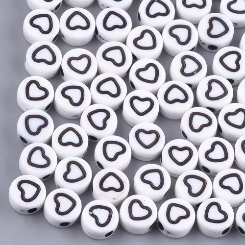 Assortimento di 20 perline a cuore rotondo - 7 mm - Bianco - Nero