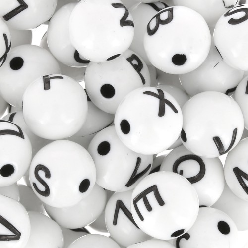 Assortimento di 200 lettere dell'alfabeto rotonde perline 8 mm - Bianco - Nero
