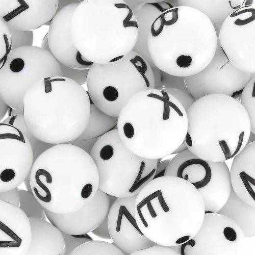 Assortimento di 200 lettere dell'alfabeto rotonde perline 8 mm - Bianco - Nero