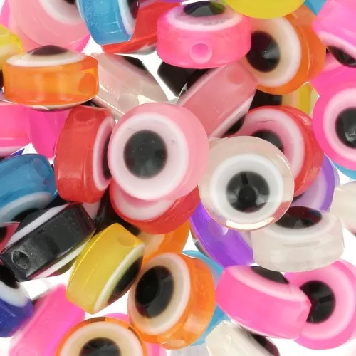 Assortimento di perline rotonde piatte occhio portafortuna 8x5.5mm Multicolore x50