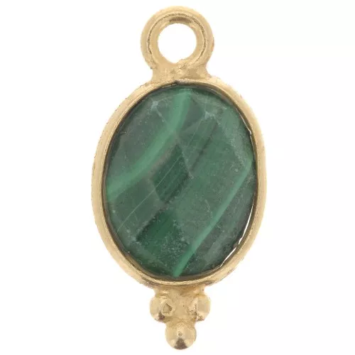 Ciondolo ovale sfaccettato con palline 14x7 mm Arg.925 Placcato oro Malachite
