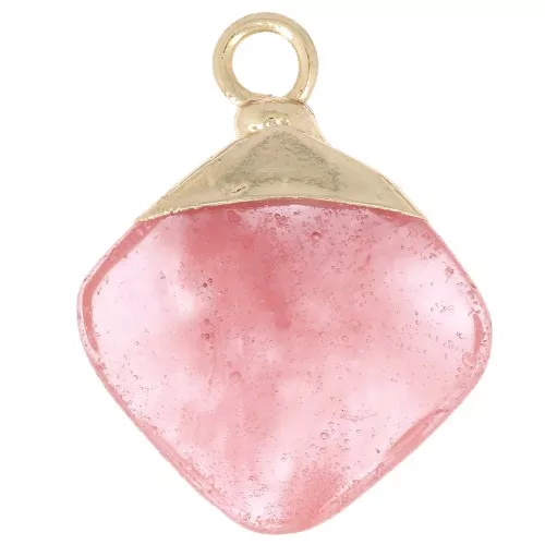 Pendente rombo sfaccettato 21x16 mm imitazione gemma Quarzo Rosa - Dorato x1