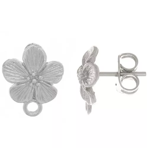 Orecchini a perno fiore 12x10 mm - con anello chiuso - rodio x2