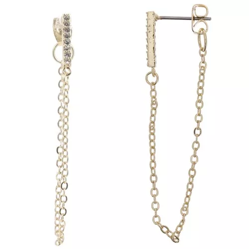 Orecchini a perno rettangolari con Ossido di zirconio 14x2 mm e catena -Dorato - Cristallo x2