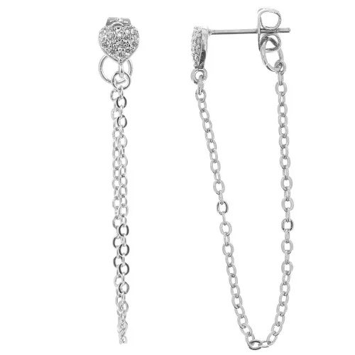Orecchini a perno cuore con Ossido di zirconio 8x6 mm e catena - Rodio - Cristallo x2