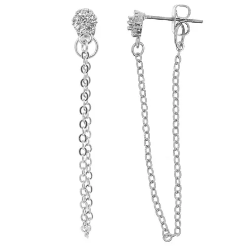 Orecchini a perno tondi con Ossido di zirconio 7x5 mm e catena - Rodio - Cristallo x2