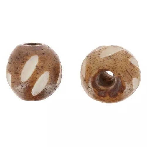 Perline rotonde incise in osso 11 mm - Marrone chiaro - Bianco x10