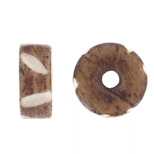Rondelle di osso incise Heishi 11x5 mm - Marrone chiaro - Bianco x10
