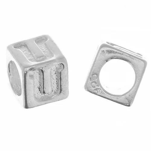 Perla alfabeto cubo 5 mm con foro grande - U - Argento 925 x1
