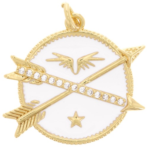 Pendente tondo e frecce con Ossido di zirconio e resina epossidica 23 mm - Oro - Bianco x1