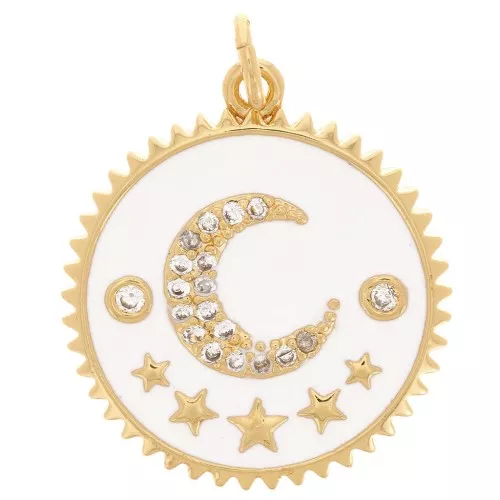 Pendente rotondo motivo luna con Ossido di zirconio e resina epossidica 20 mm Bianco