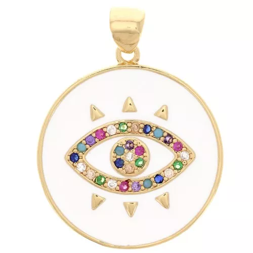 Pendente tondo con Ossido di zirconio e resina epossidica 21 mm - Occhio - Oro - Bianco x1