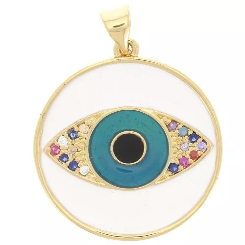Pendente tondo con Ossido di zirconio e resina epossidica 23mm - motivo occhi -Oro-Blu x1
