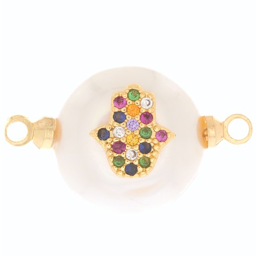 Distanziatore tondo perla d'acqua dolce a mano Fatma e Ossido di zirconio 12 mm -Dorato x1