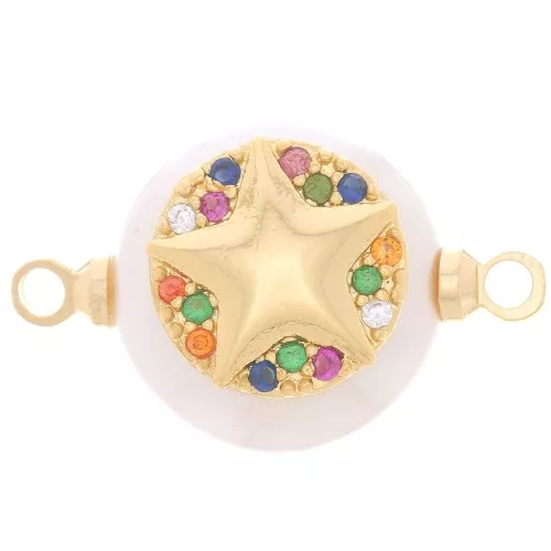 Distanziatore tondo perla d'acqua dolce stella marina e Ossido di zirconio 12mm Dorato x1
