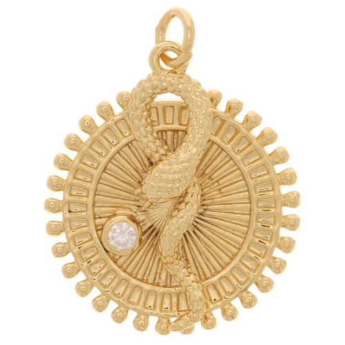 Pendente lavorato rotondo - serpente in rilievo - con Ossido di zirconio 25x22 mm - Oro x1