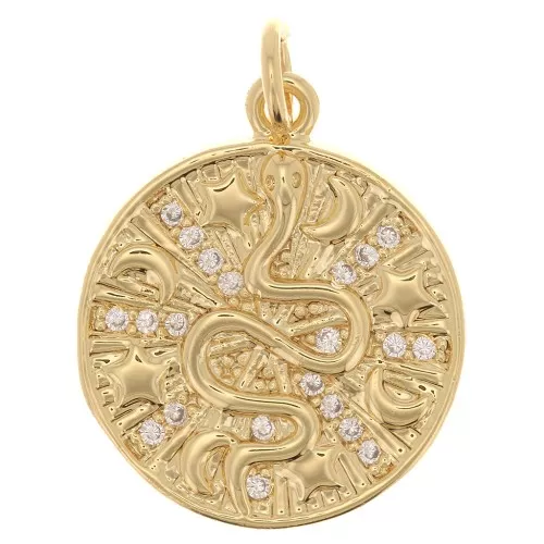 Pendente rotondo - motivo serpente - stelle e lune con Ossido di zirconio 21x18 mm - Oro x1
