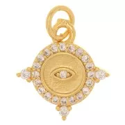 Ciondolo rotondo con Ossido di zirconio - motivo dell'occhio - 14x13 mm -Dorato Cristallo x1