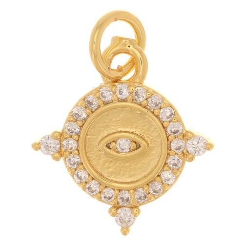 Ciondolo rotondo con Ossido di zirconio - motivo dell'occhio - 14x13 mm -Dorato Cristallo x1