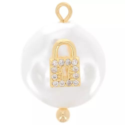 Pendente tondo acqua dolce con lucchetto in Ossido di zirconio 20x14 mm - Bianco - Oro x1