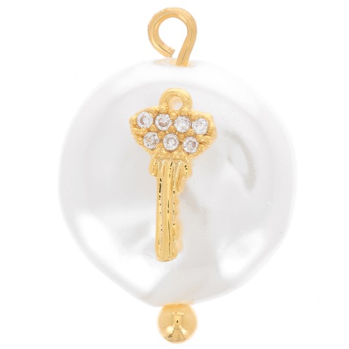 Pendente tondo acqua dolce con chiave in Ossido di zirconio 20x14 mm - Bianco - Oro x1