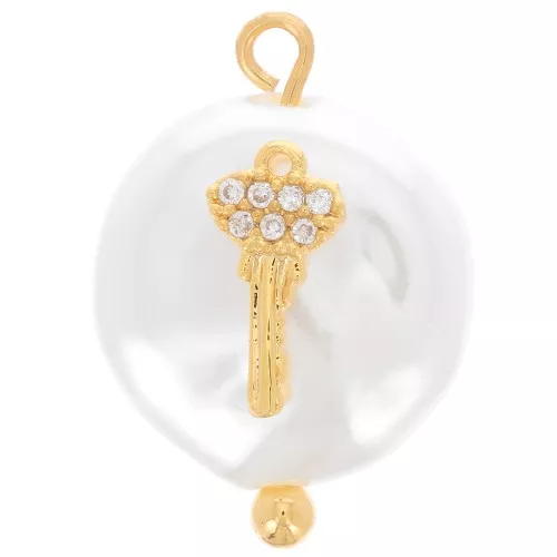 Pendente tondo acqua dolce con chiave in Ossido di zirconio 20x14 mm - Bianco - Oro x1