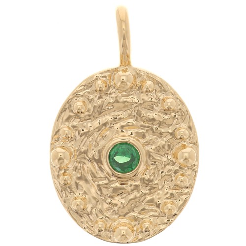 Pendente ovale martellato con Ossido di zirconio 21x13 mm -Dorato con oro fino- Emerald x1