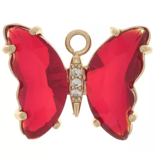 Pendente farfalla di vetro con Ossido di zirconio 15x20 mm -Dorato - rosso - cristallo x1