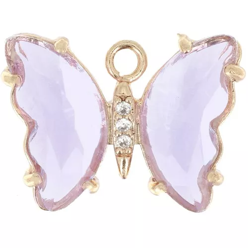 Pendente farfalla di vetro con Ossido di zirconio 15x20 mm Dorato - viola - cristallo x1